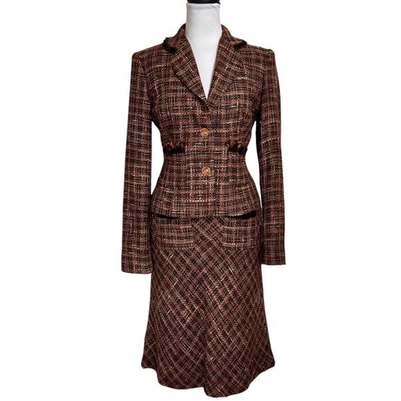 Express Dresses & Skirts - VTG Y2K Express Tweed Skirt Suit Set Size 8 6 Velvet Fringe Trim Preppy Sorority